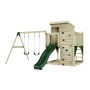 PolarPlay Spielturm Björn mit Schaukel und Rutsche, aus Holz, dunkelgrün.