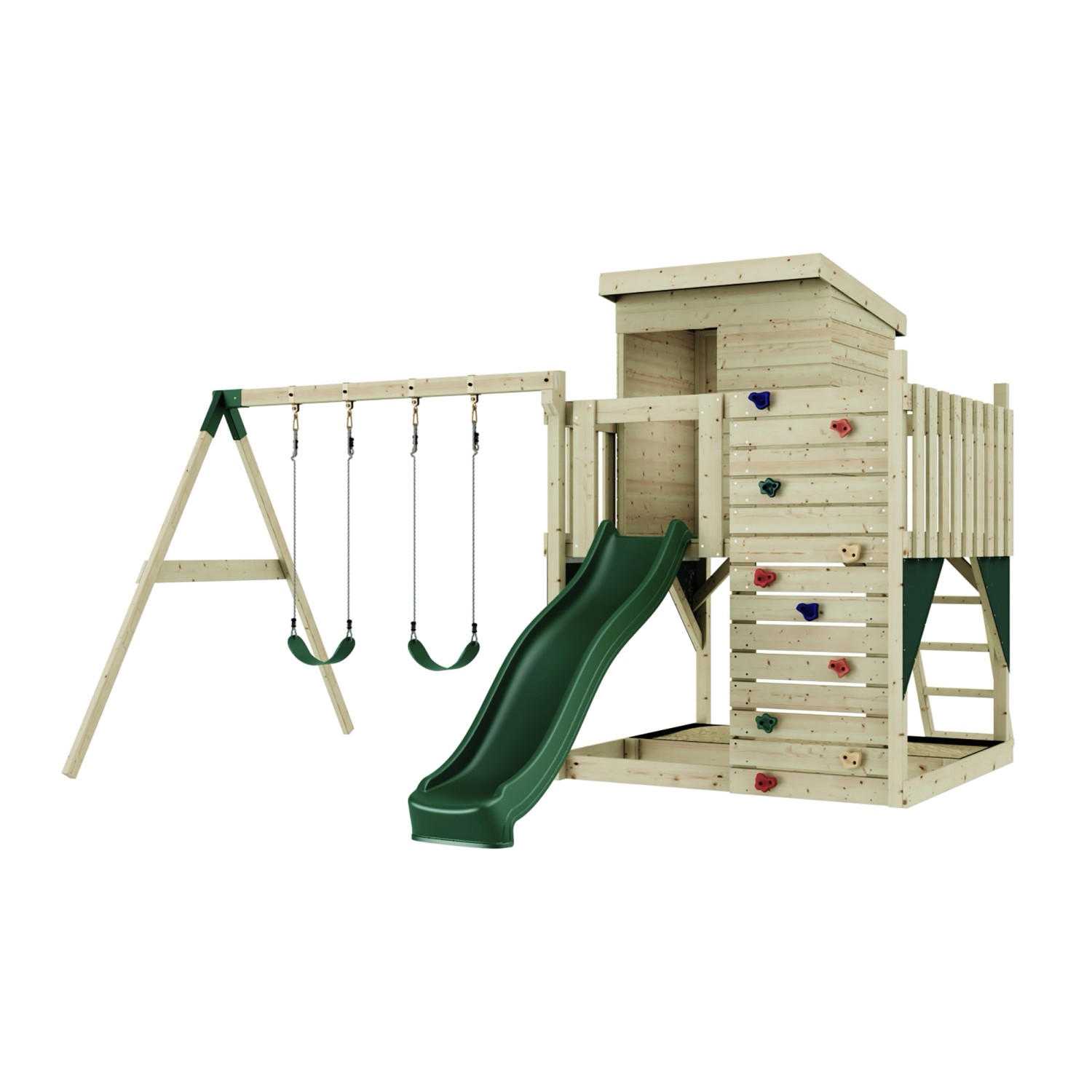 PolarPlay Spielturm Björn, mit Kinderschaukel, Dunkelgrün