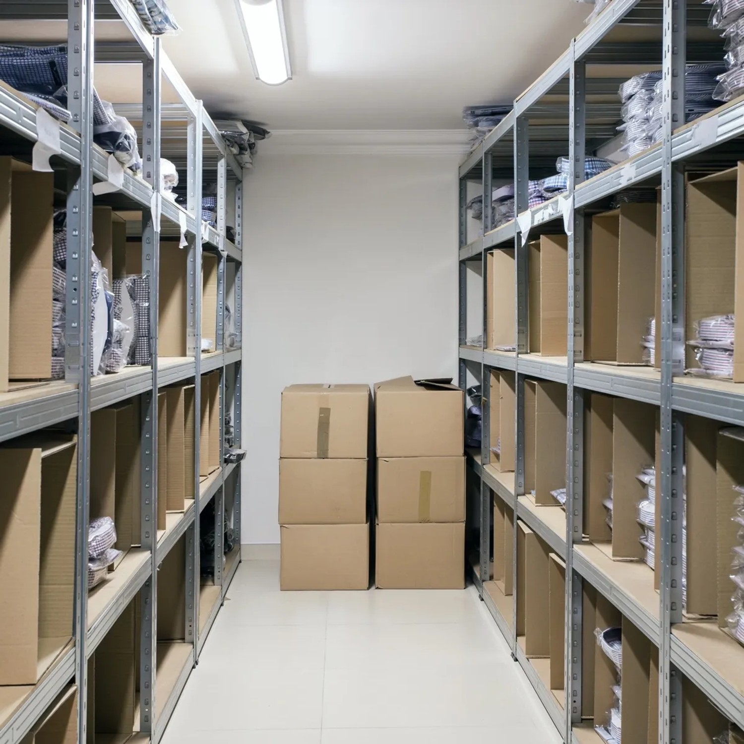 Werkstattregal aus Metall mit MDF-Platten, ideal zur Lagerung in Werkstatt oder Keller.