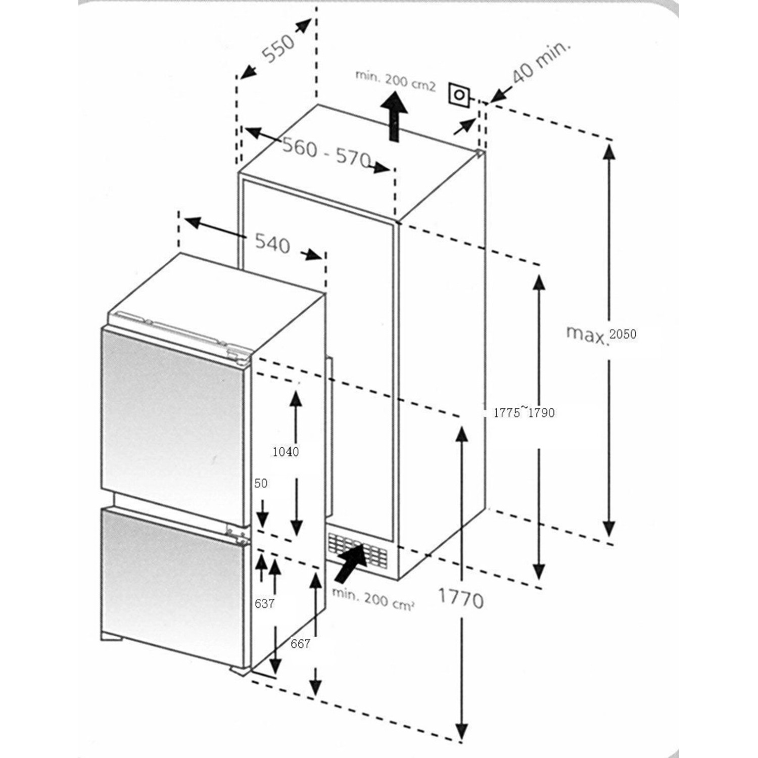 Skizze der Küchenzeile Mailand mit Maßangaben für Einbaugeräte (Kühlschrank, Geschirrspüler).