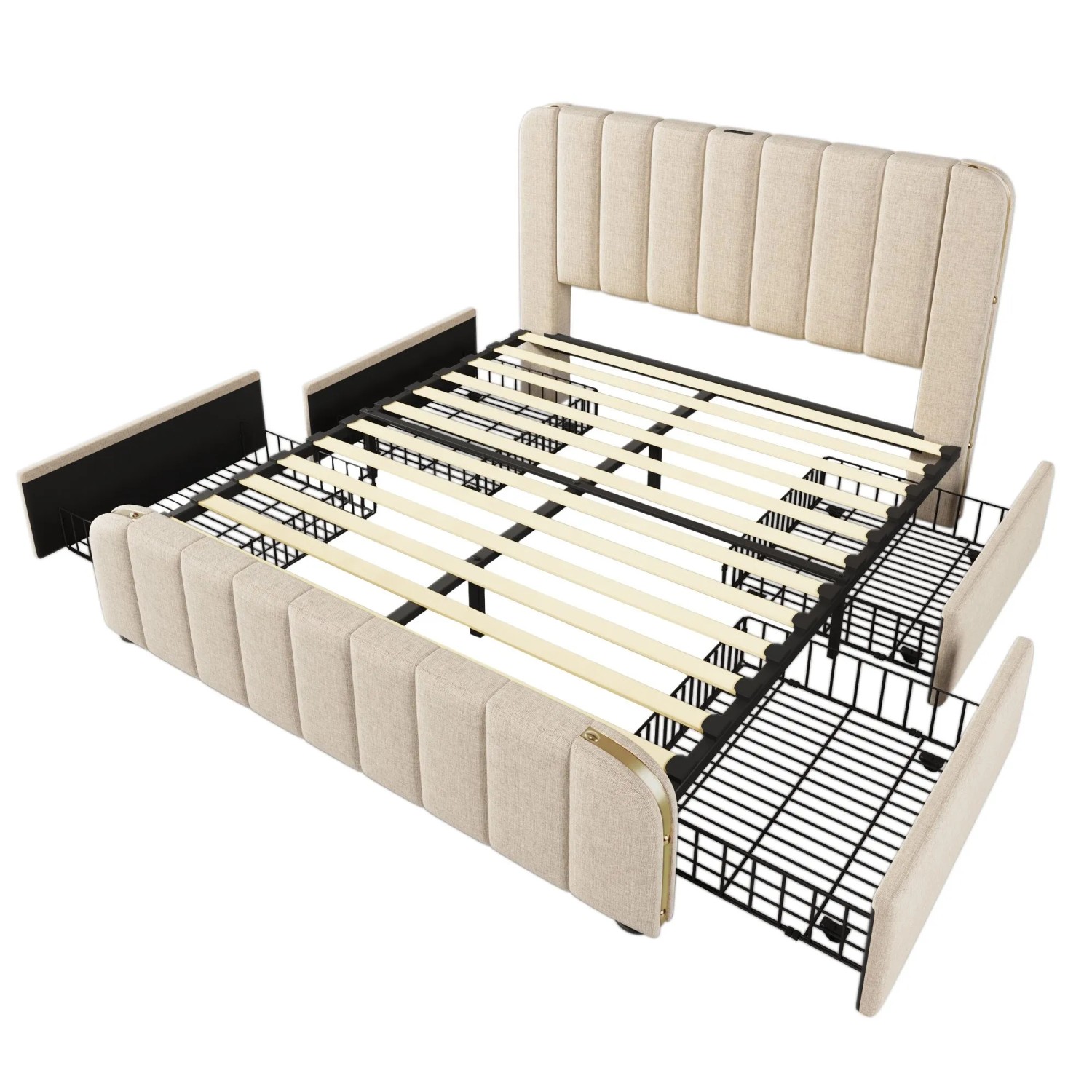 Merax Polsterbett 140x200cm USB-C 4 Schubladen Beige