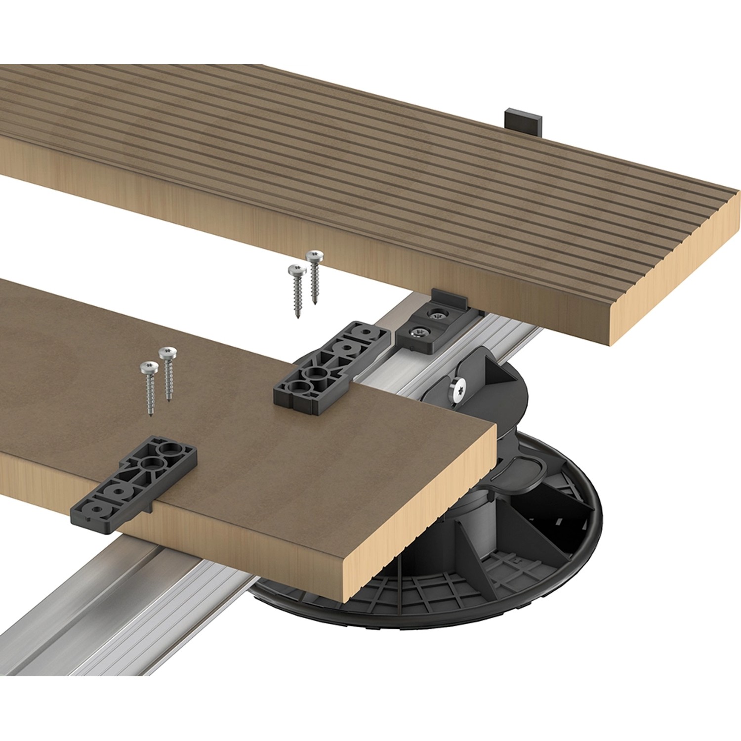 GSTerrassen Clip zur unsichtbaren Befestigung von Holzdielen auf Holz-Unterkonstruktion.
