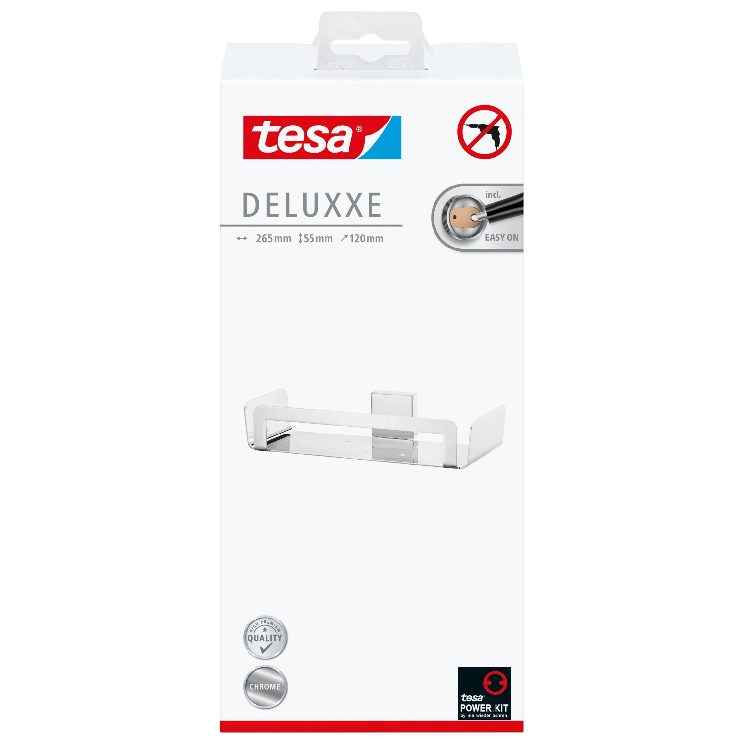 Verpackung der Tesa Duschablage Deluxxe Chrom. Rostfreies Duschregal zur Wandmontage ohne Bohren.