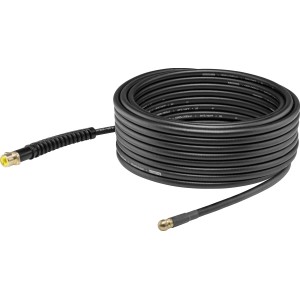 Kärcher Rohrreinigungsschlauch, 15 m, aufgerollt mit Düse und Anschlussstück.