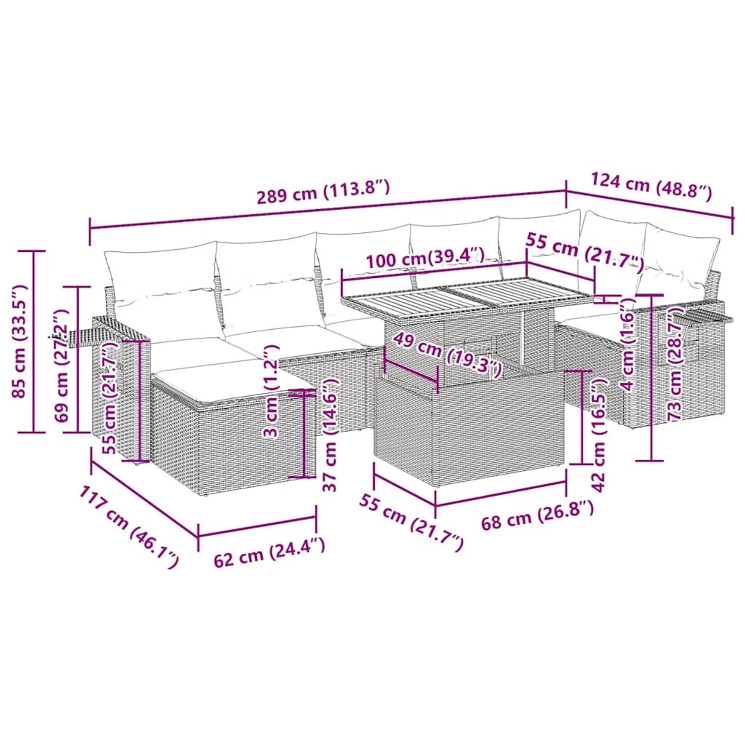 vidaXL Garten-Sofagarnitur, 8-teilig, beige Poly Rattan mit Kissen, Maße eingezeichnet.