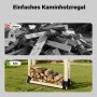 Einfaches Kaminholzregal: Ungeordnetes Brennholz und ordentlich gestapeltes Kaminholz mit Wiltec Stapelhilfe im Garten.