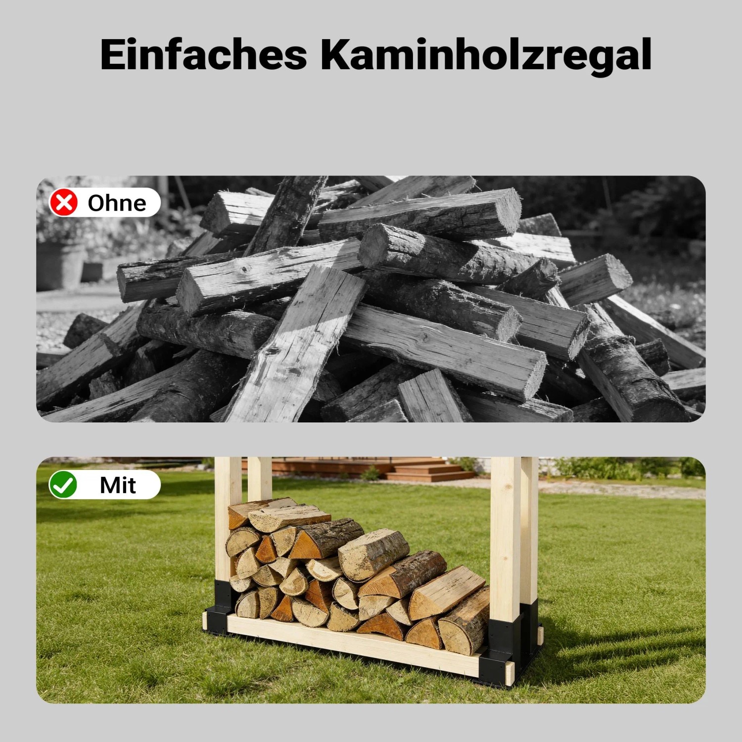 Einfaches Kaminholzregal: Ungeordnetes Brennholz und ordentlich gestapeltes Kaminholz mit Wiltec Stapelhilfe im Garten.