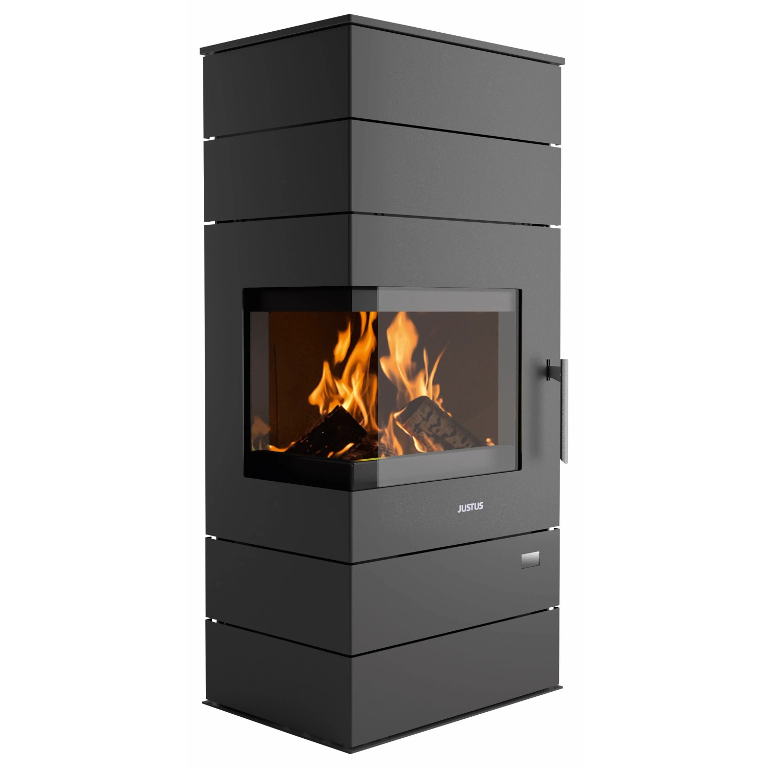 Schwarzer Justus Voga W+ Kaminofen (6,5 kW) mit Holzfeuer hinter Glas. Moderner Stahl-Kamin für gemütliche Wärme.