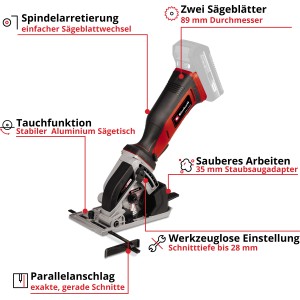 Einhell Akku-Mini-Handkreissäge TE-CS 18/89 Li Solo: Kompakte Handkreissäge mit Parallelanschlag und Tauchfunktion.