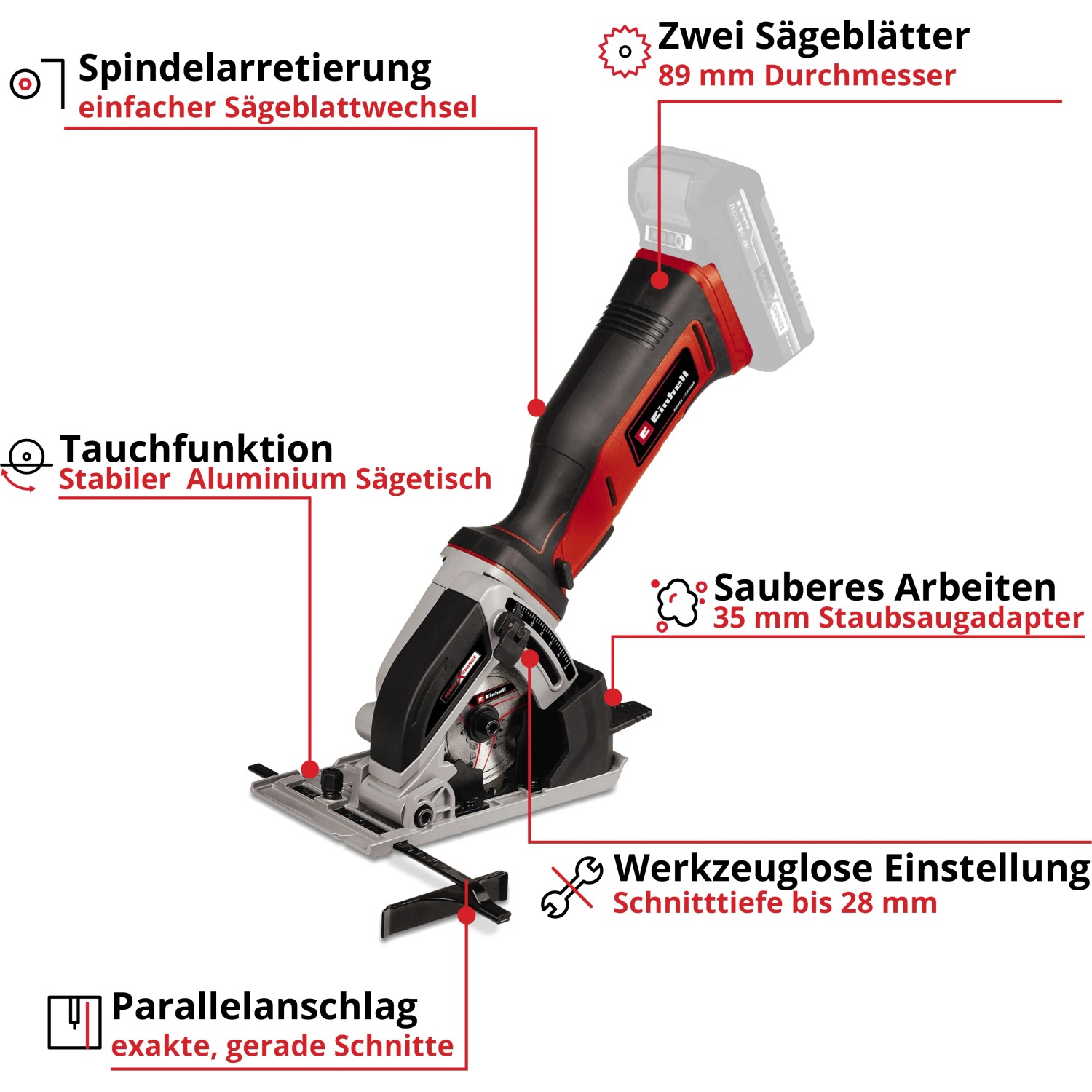 Einhell Akku-Mini-Handkreissäge TE-CS 18/89 Li Solo: Kompakte Handkreissäge mit Parallelanschlag und Tauchfunktion.