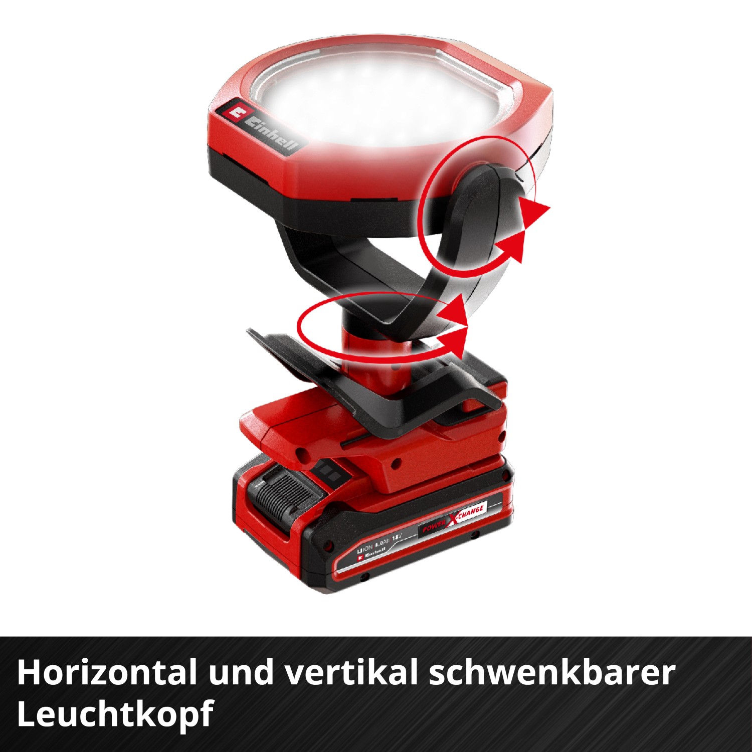 Einhell Akku-Lampe GC-OL 18/1500 Li-Solo: Rote Akku-Arbeitsleuchte mit schwenkbarem Leuchtkopf.