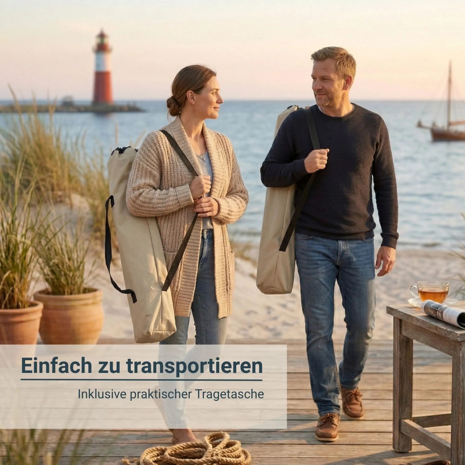 Paar trägt beige osoltus Faltsessel in Tragetaschen am Strand. Einfach zu transportierender Campingstuhl mit Aluminiumgestell.