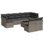 Graue 10-tlg. vidaXL Garten-Sofagarnitur aus Polyrattan mit dunklen Kissen und Tisch.