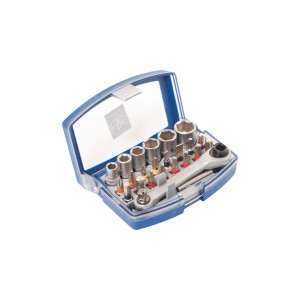 LUX Bit- und Steckschlüsselsatz, 24-teilig, mit Bits, Stecknüssen und Ratschengriff im blauen Kasten.