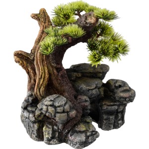 Ebi Dekor-Stein Bonsai, naturgetreue Aquarium-Deko mit Bonsai-Baum auf Felsen.