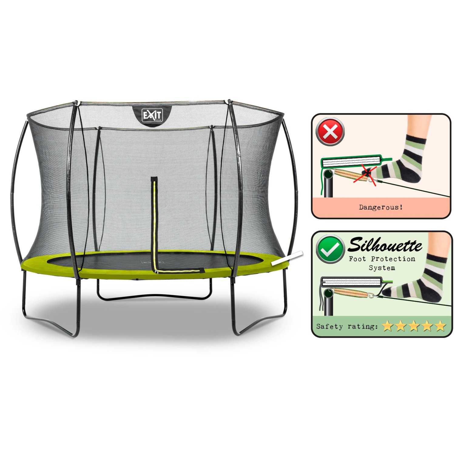Grünes EXIT Silhouette Trampolin D244cm mit Sicherheitsnetz und Fußschutzsystem.