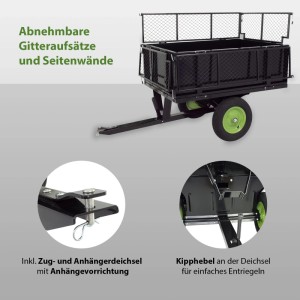 TRUTZHOLM Rasentraktor Anhänger, kippbar, mit Gitteraufsatz und Deichseldetails.