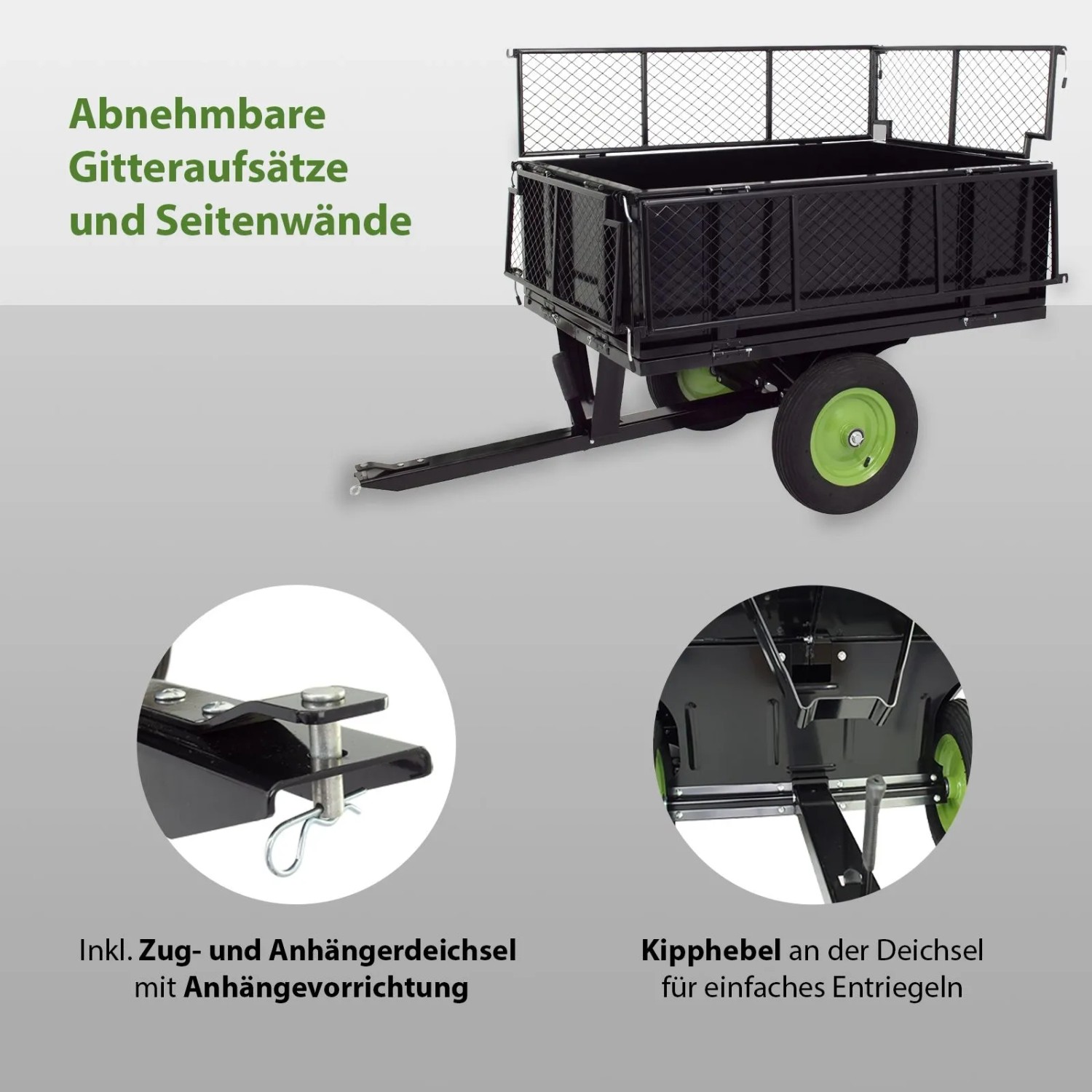 TRUTZHOLM Rasentraktor Anhänger, kippbar, mit Gitteraufsatz und Deichseldetails.