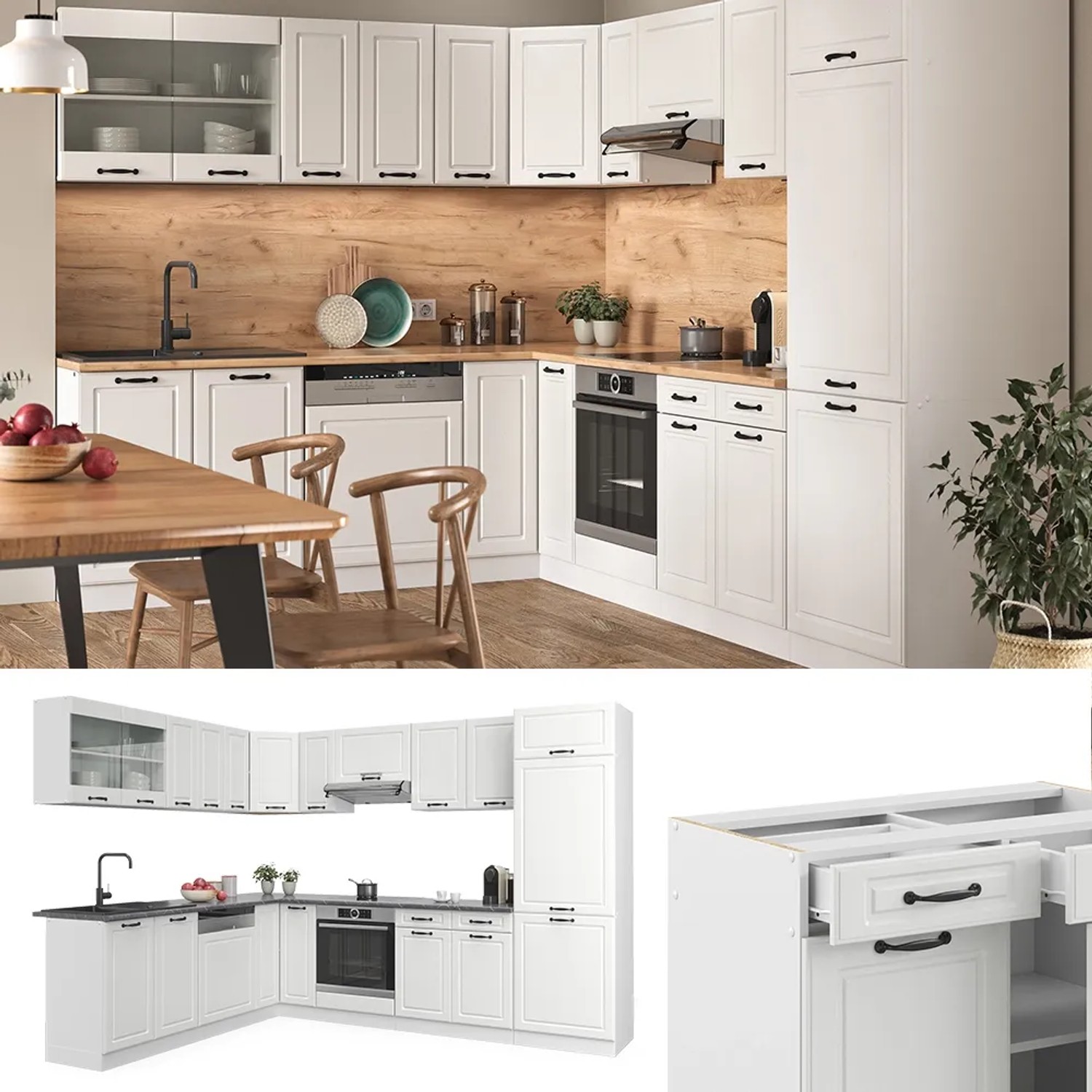 Vicco R-Line Eckküche in Weiß Landhaus mit Eiche Arbeitsplatte, 227x287 cm.