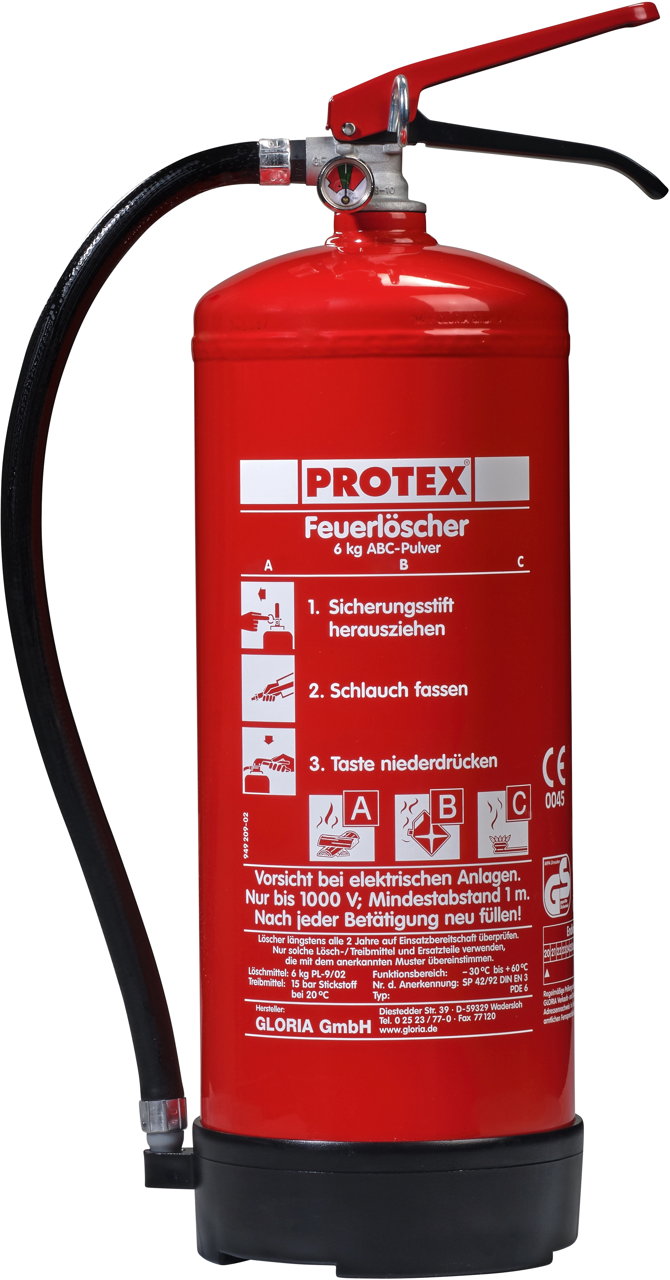 Feuerlöscher Protex 6 kg mit Manometer inkl. Wandhalter