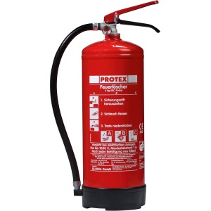 Roter Protex Pulverfeuerlöscher ABC 6 kg mit Manometer und Schlauch.