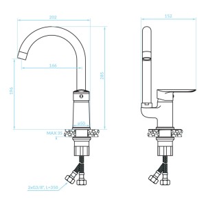 Technische Zeichnung der KOLMAN Küchenarmatur CENTO in Chrom mit U-Auslauf und Einhebelmischer, inklusive Maßen und Anschlüssen.