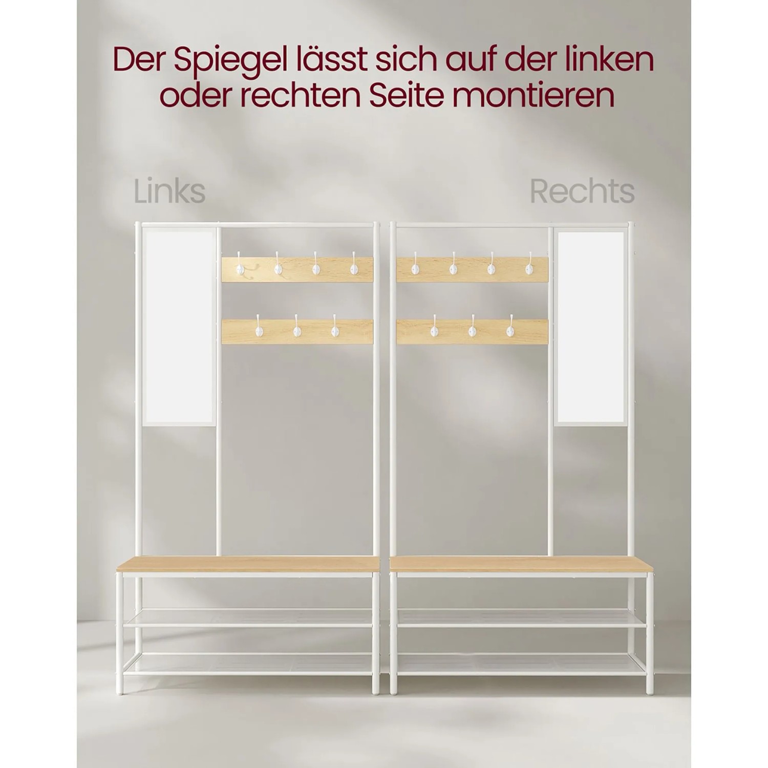Vasagle Garderobenständer in Eiche-Weiß mit Spiegel, Bank und Schuhregal.
