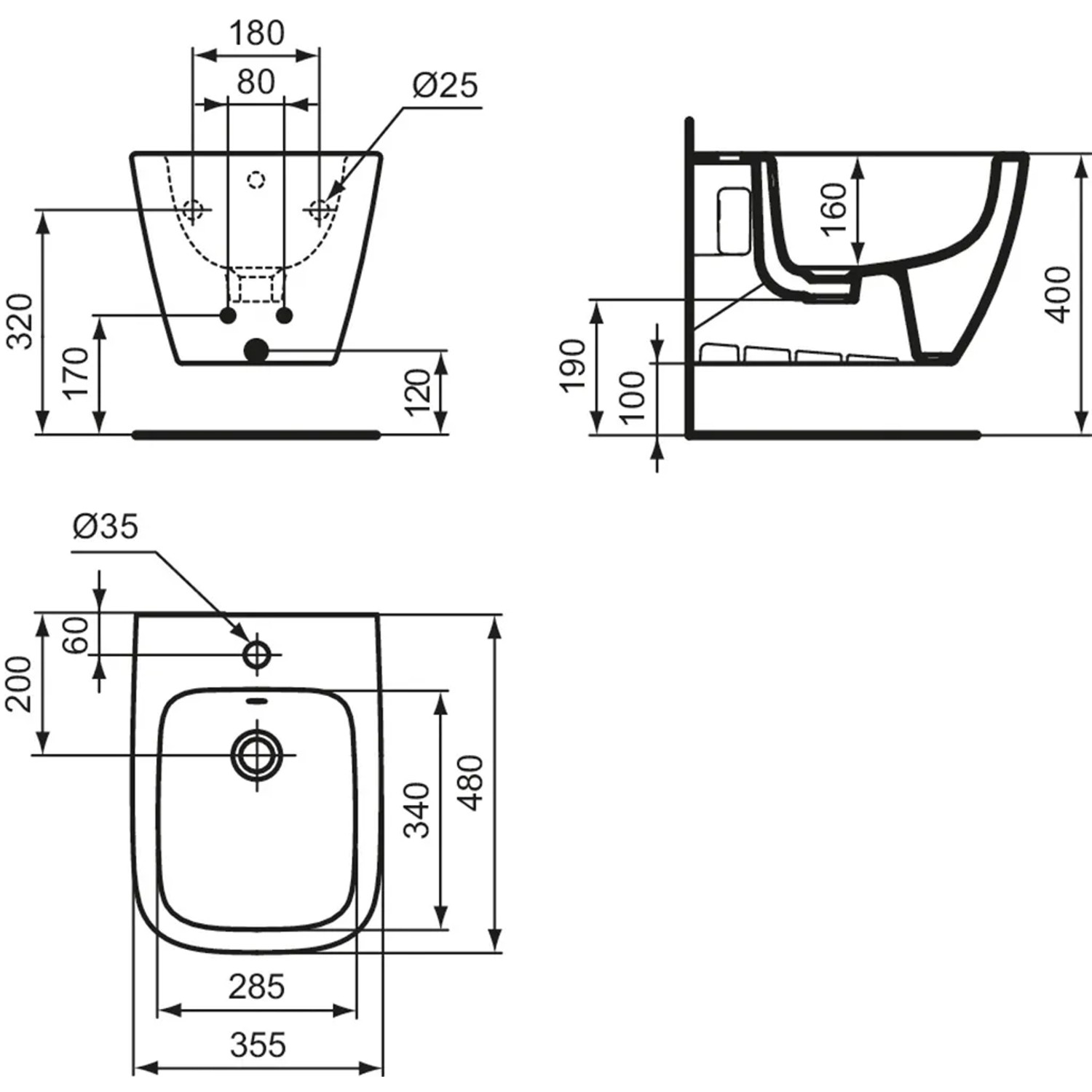 Technische Zeichnung: Ideal Standard i.life S Wand-Bidet, Abmessungen und Details.