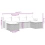 Graue 6-tlg. vidaXL Garten-Sofagarnitur aus Polyrattan mit Kissen, Maße eingezeichnet.