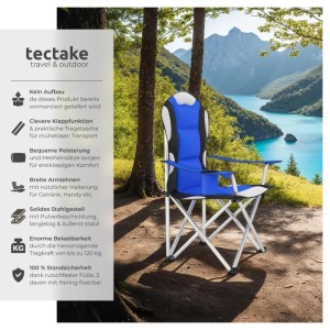 Blauer Tectake Campingstuhl, faltbar und gepolstert, mit Getränkehalter. Ideal für Camping & Freizeit.