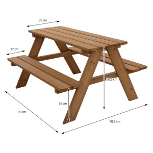 Braune Kindersitzgarnitur aus Holz für den Garten mit Tisch und zwei Bänken.