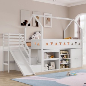 Weißes Merax Kinderbett 90x200 cm mit Rutsche, Treppe und Stauraum. Massivholz-Hochbett für Kinder.