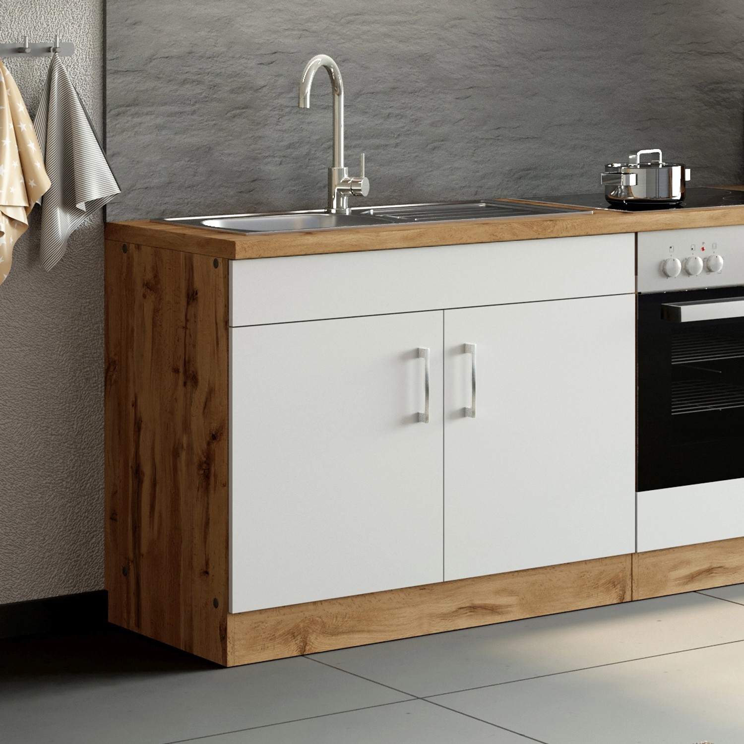 Held Möbel Spülenschrank Sorrento, 100 cm breit, mit 2 Türen in Weiß und Wotaneiche Dekor.