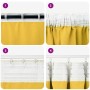 Senfgelbe Polyester-Verdunkelungsvorhänge. Detailansicht der 4 Aufhängemethoden: Stangentasche, Kräuselband, Haken.