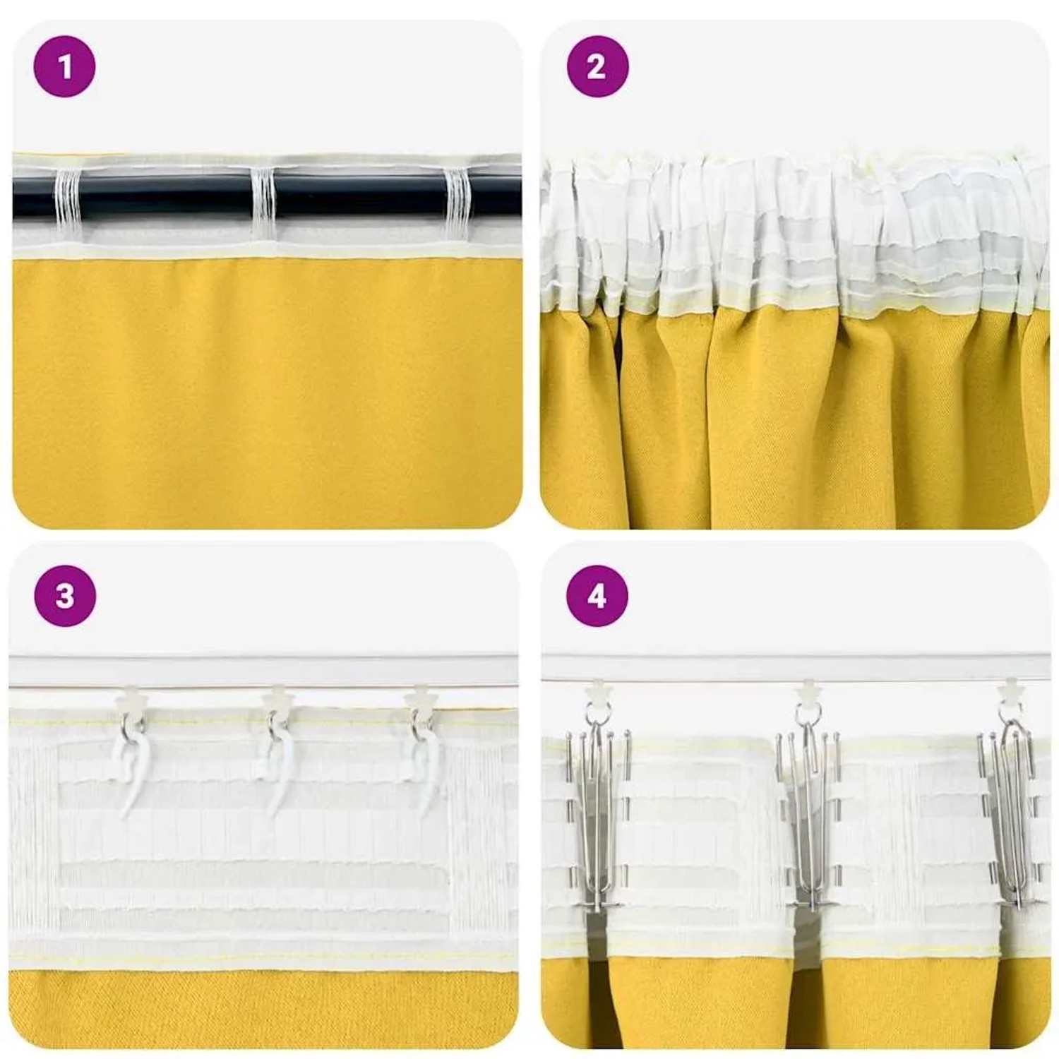 Senfgelbe Polyester-Verdunkelungsvorhänge. Detailansicht der 4 Aufhängemethoden: Stangentasche, Kräuselband, Haken.