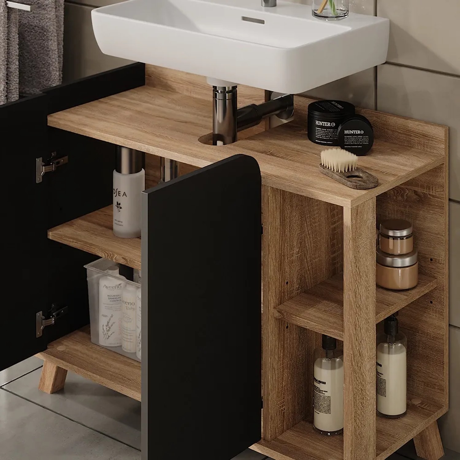 Vicco Waschbeckenunterschrank Karen, Sonoma Eiche/Anthrazit, 80 cm breit, mit zwei Türen.
