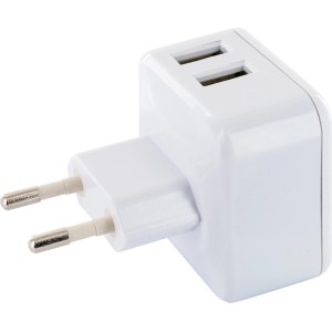 Weißer Schwaiger USB Ladeadapter mit 2 USB Ports für die Steckdose.