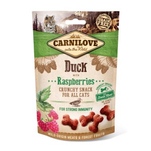 Carnilove Katzenleckerli Ente, 50g Packung. Knusprige Katzensnacks mit Himbeeren für starke Immunität.