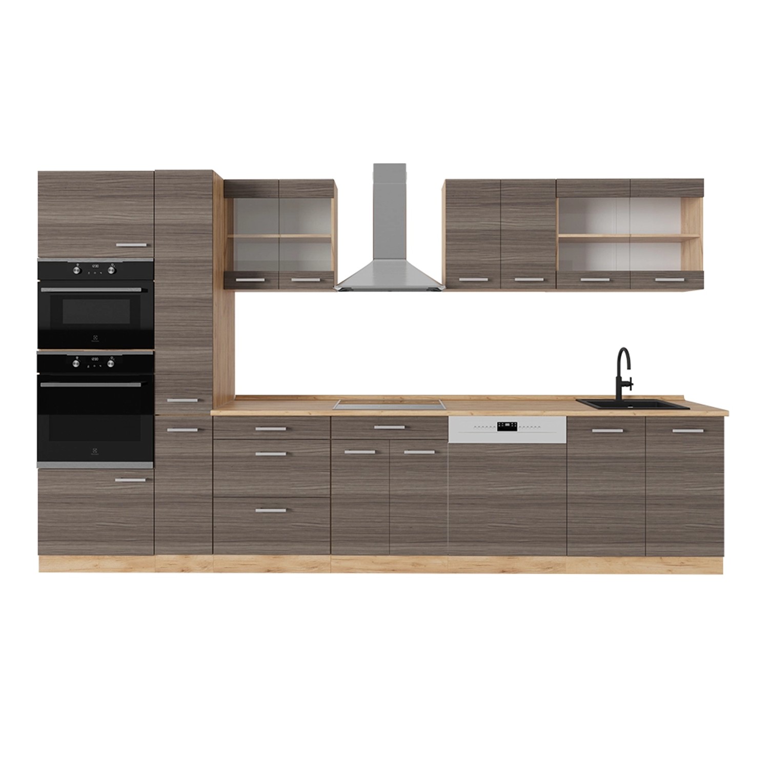 Vicco R-Line Küchenzeile Edelgrau/Goldkraft Eiche 350 cm ohne Arbeitsplatte günstig online kaufen