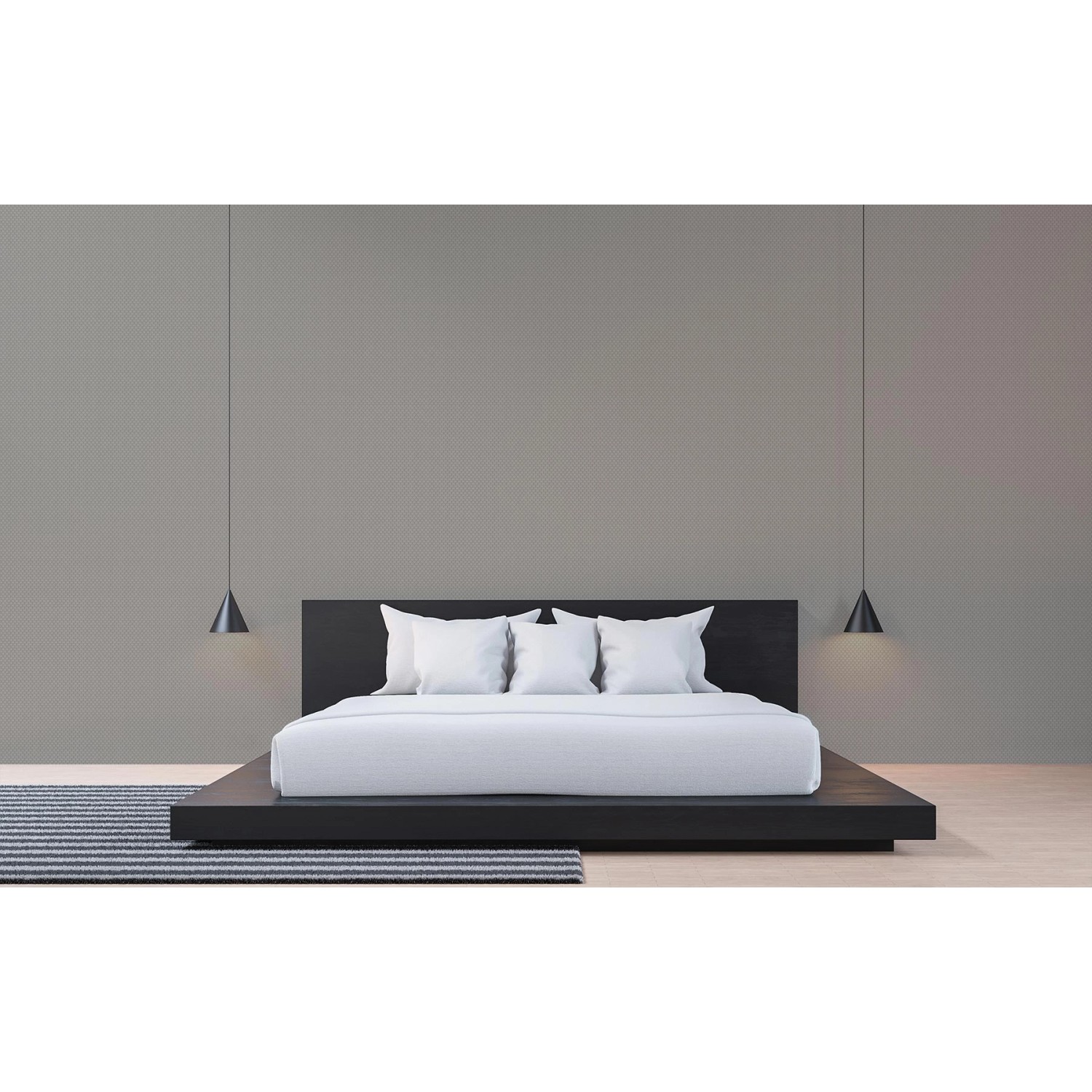 Schlafzimmer mit grauer Tadessi Unitapete. Einfarbige Vliestapete für moderne Wandgestaltung.