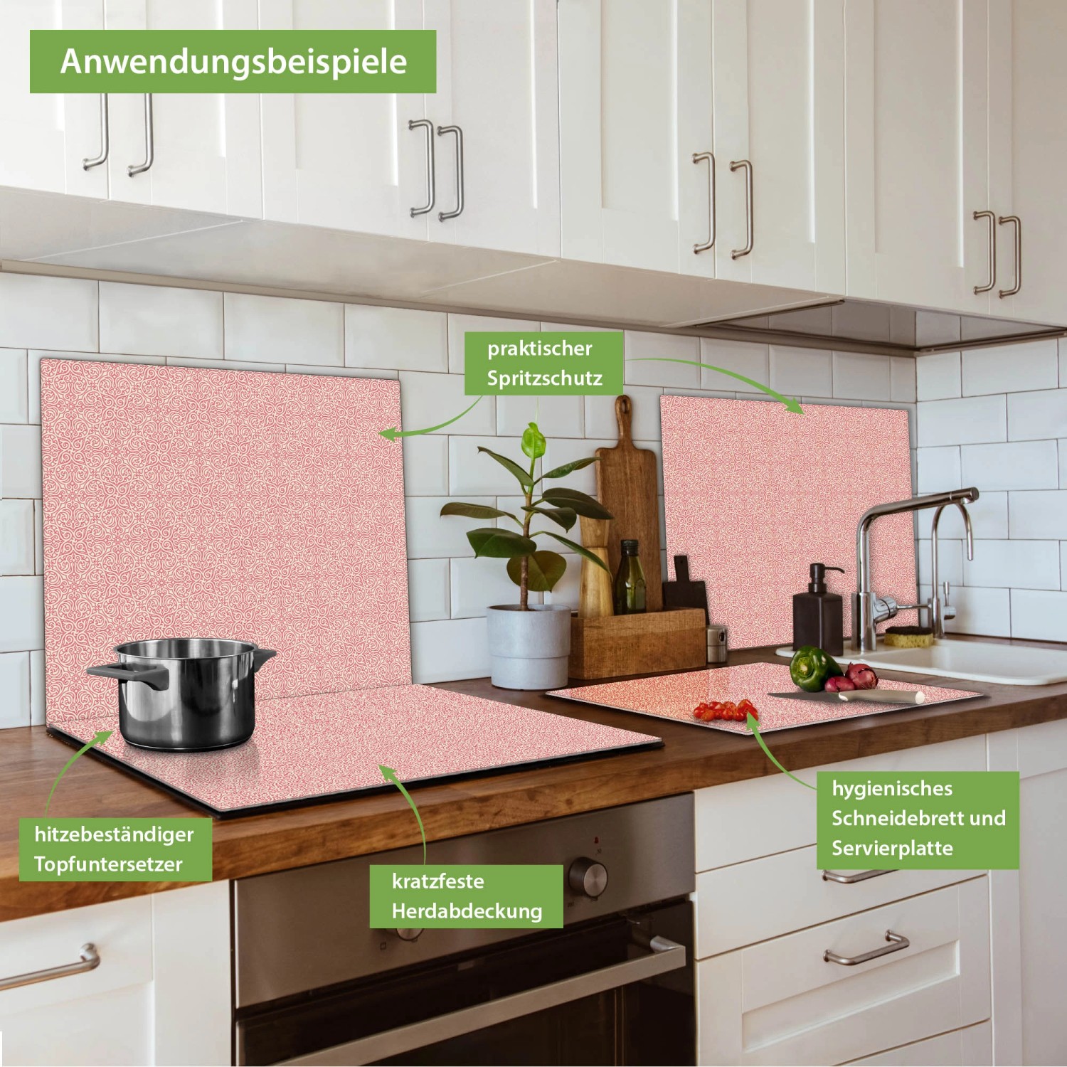 Banjado Herdabdeckplatte Glas Rosa Arabesque als Schneidebrett und Spritzschutz in Küche.