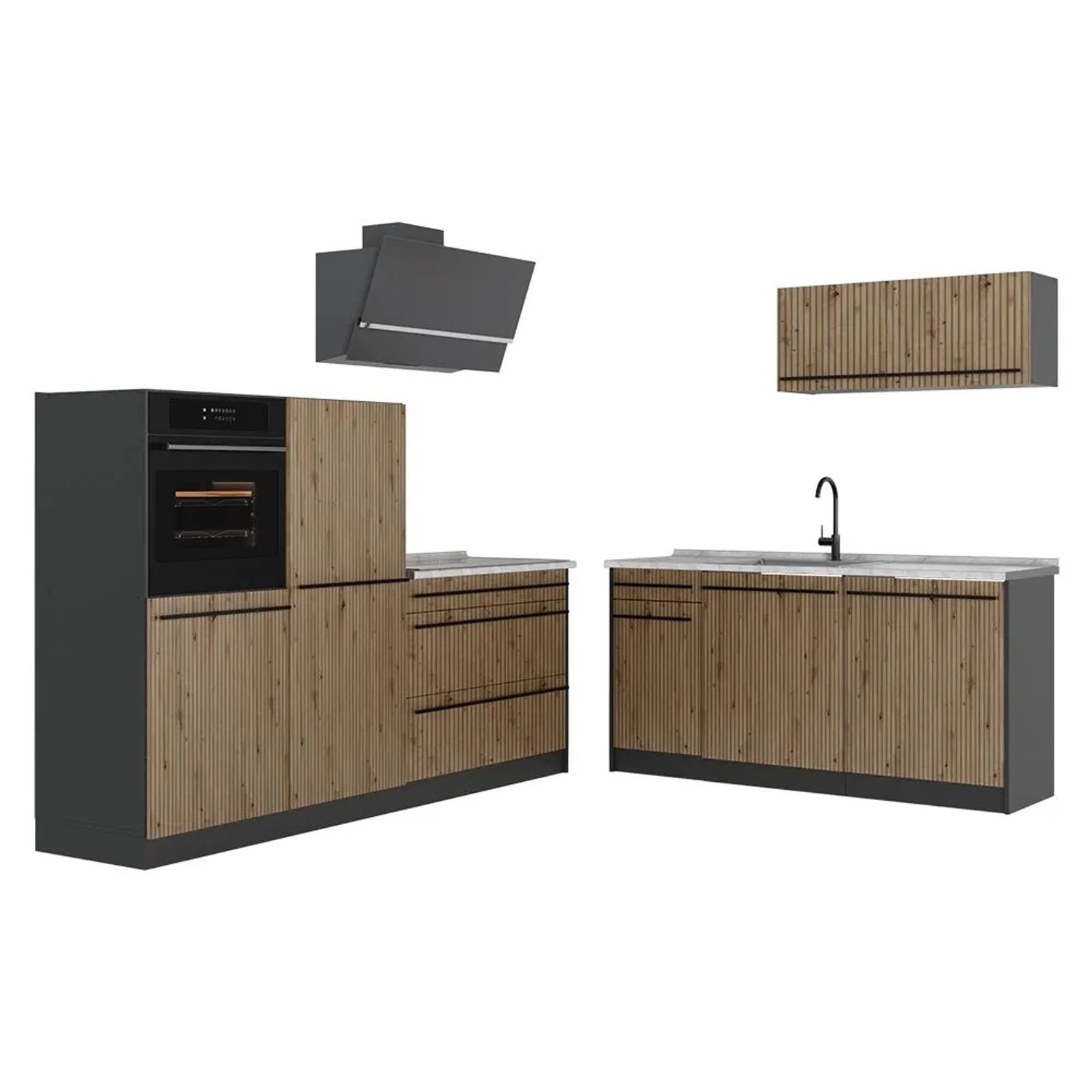 Vicco Küchenzeile R-Line Artisan-Eiche/Anthrazit 220 x 143 Arbeitsplatte Marmor Art Nr 67075