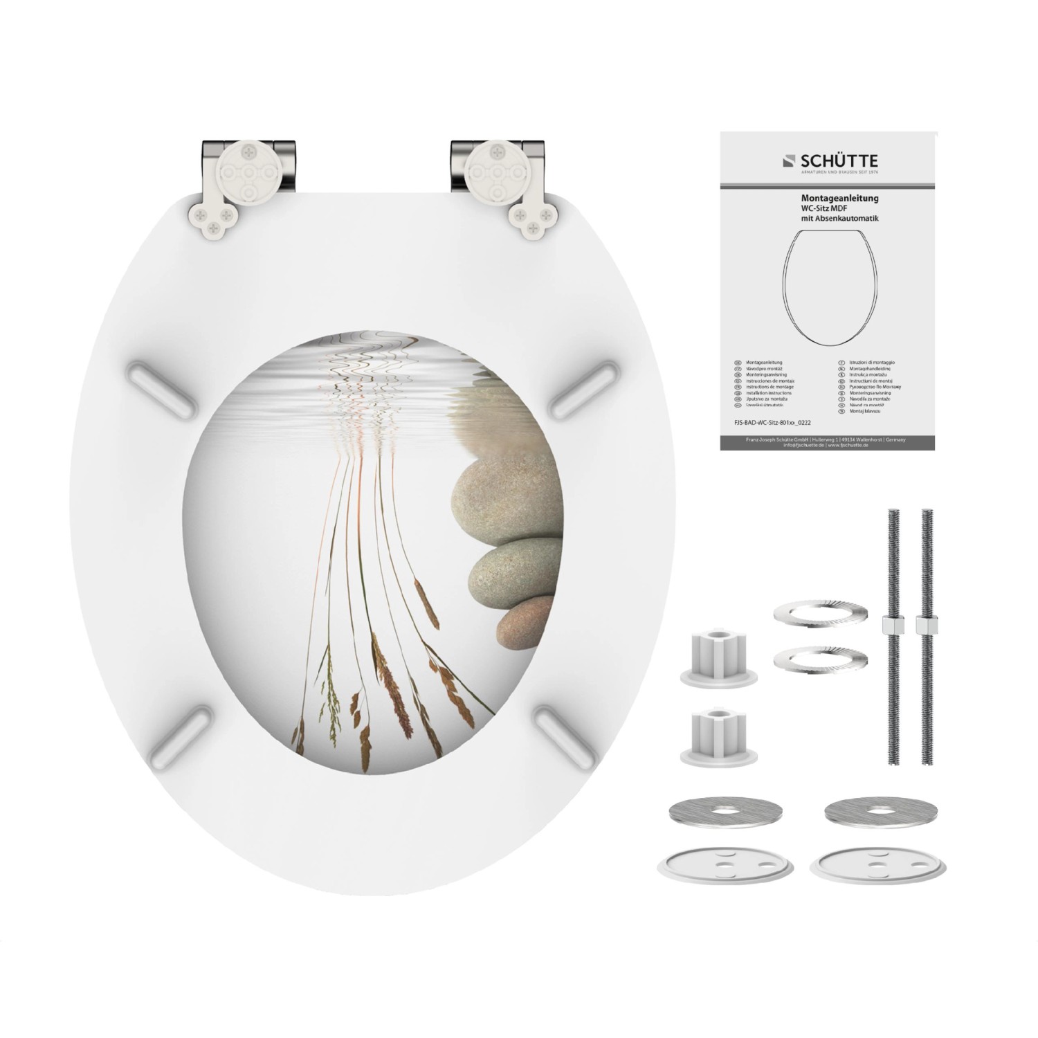 Schütte WC-Sitz MDF Balance mit Absenkautomatik, Dekor mit Steinen und Gräsern.