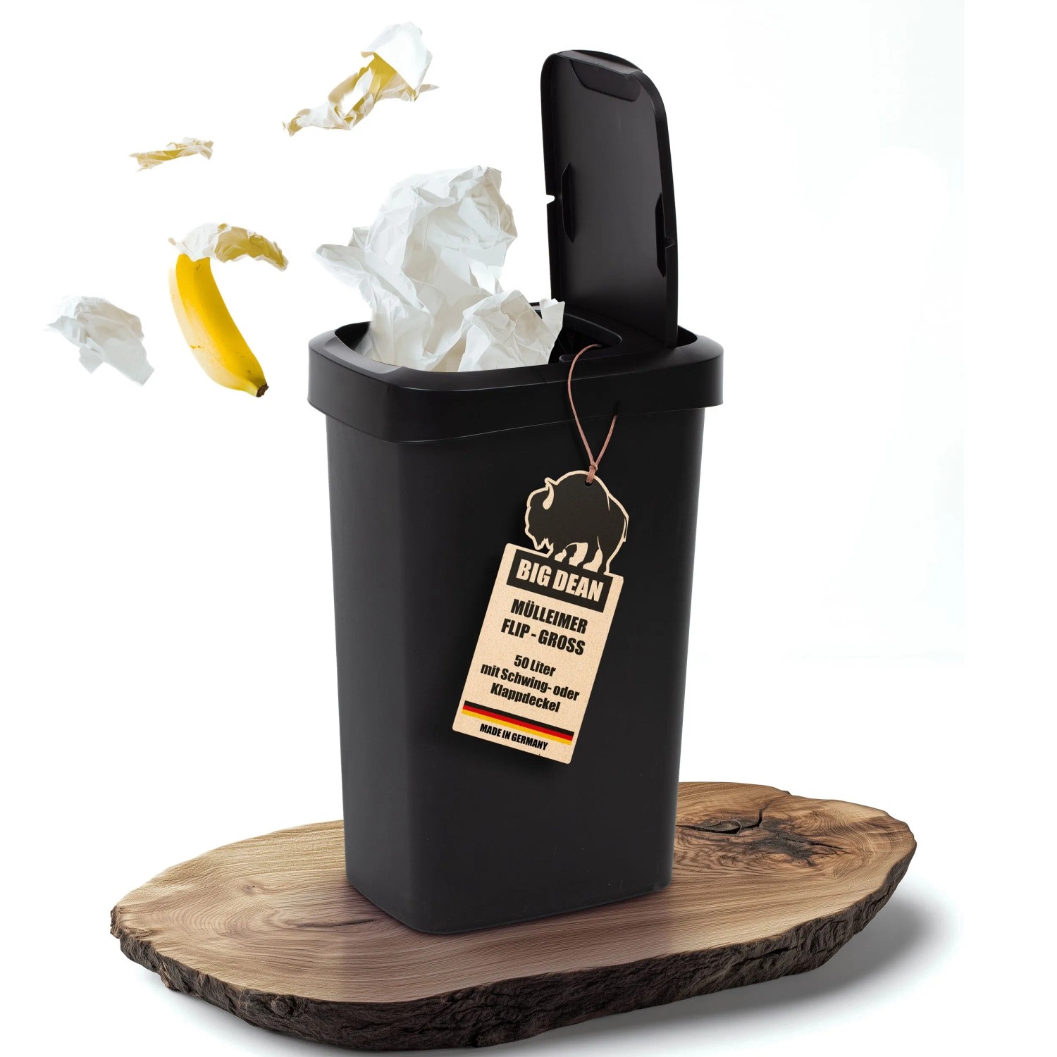 BigDean Mülleimer 50 Liter Schwing & Klappdeckel Schwarz Küche