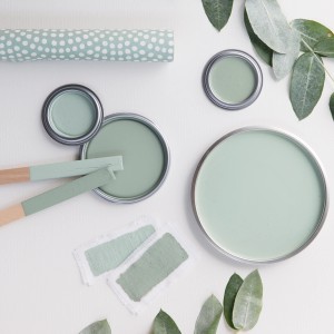 Little Dutch Wandfarbe Faded Mint Grün (2,5 l) in geöffneten Farbdosen, mit Farbmustern und Eukalyptusblättern.
