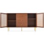Merax Rattan Kommode Nussbaum, Wohnzimmerschrank mit 3 Schubladen, Drehtüren, Rattan-Einsätzen, goldenen Beinen.