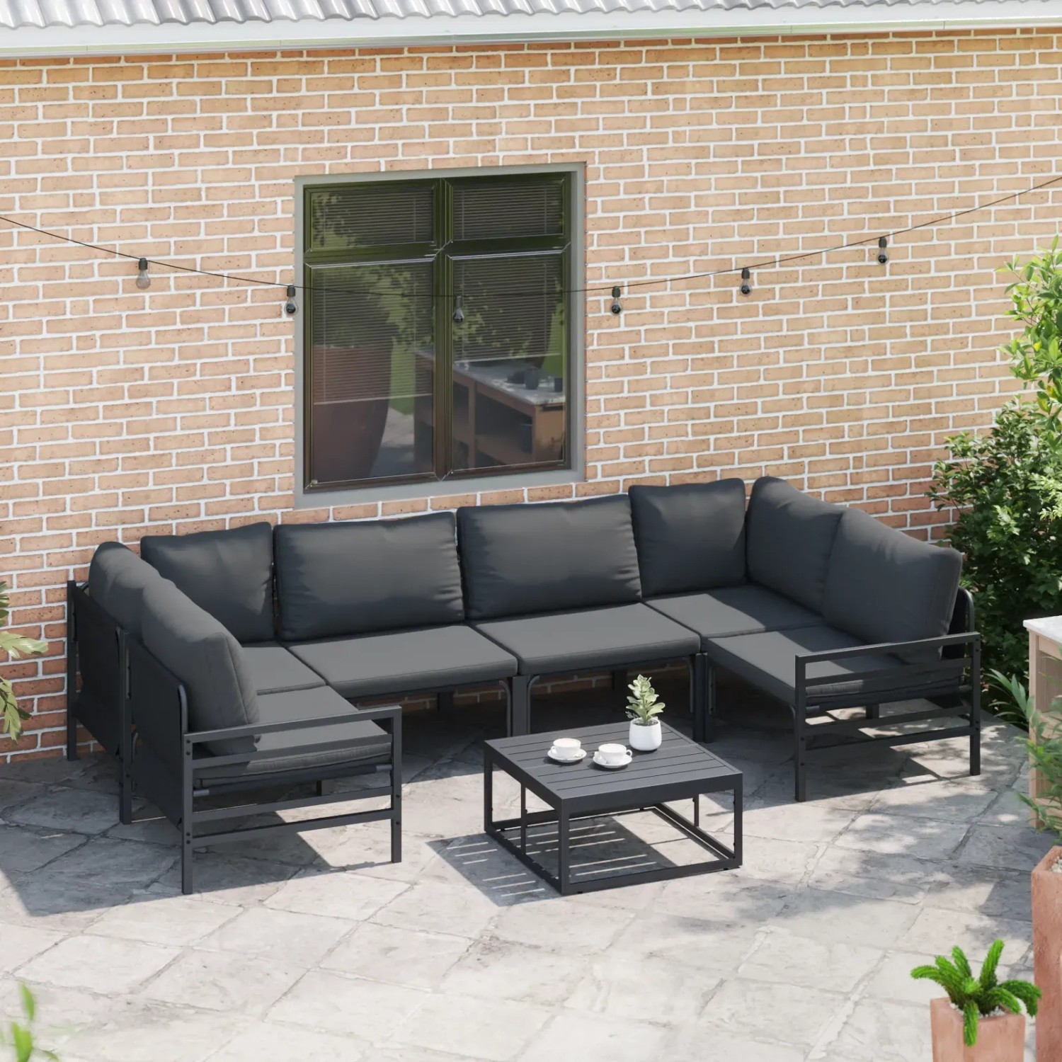 Anthrazitfarbenes 6-teiliges Garten-Sofa-Set aus Stahl von vidaXL mit Tisch und bequemen Sitzkissen.