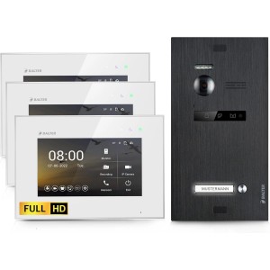 Balter EVO-HD Video-Türsprechanlage mit 3 Monitoren (7 Zoll), Türstation in Schwarz/Weiß.
