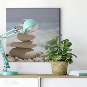 Bricoflor Leinwandbild: Steinmännchen am Strand in hellblau und grau. Wandbild für Bad und Schlafzimmer.