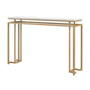 Goldener Flurtisch mit schwebender weißer Marmor-Tischplatte und schlankem Metallrahmen. Ideal als Konsolentisch.
